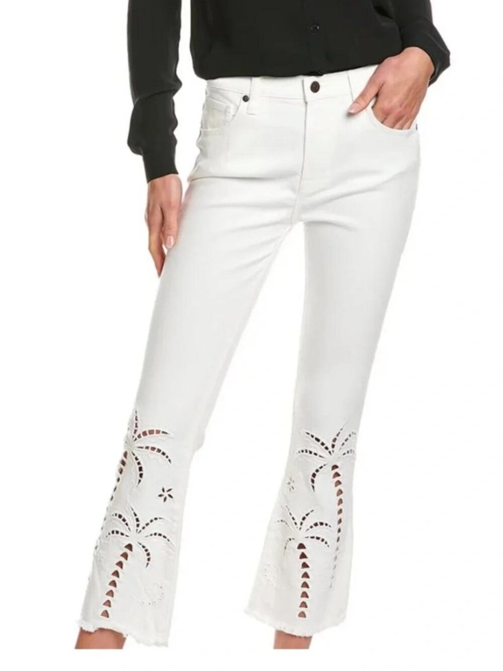 Johnny Was Jeans Womens 32 White Cropped Baby Boot Paradise Palm Embroidered